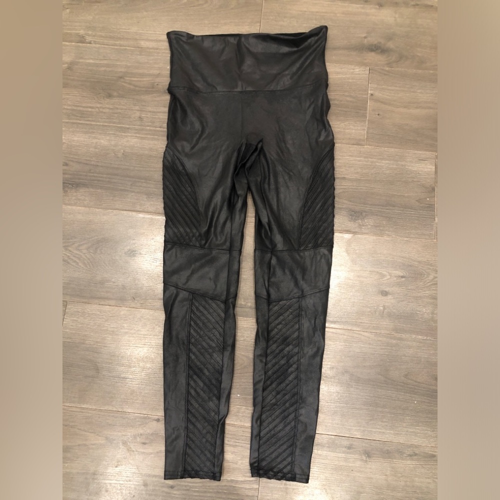 Spanx Faux Leather XL Leggings Ribbed Moto Style‎ Compression High Waist (B65)